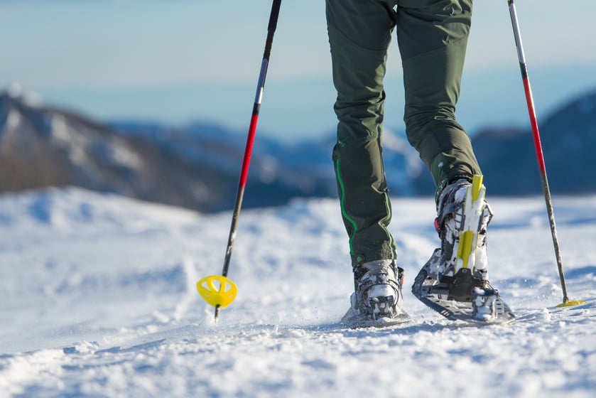 Snowshoes. Snowshoeing closeup. Walking with snowshoes in the sn